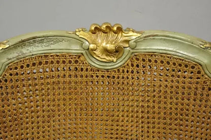 Antique French Louis XV Style Green Distressed Gold Gilt Cane Bergere Arm Chair