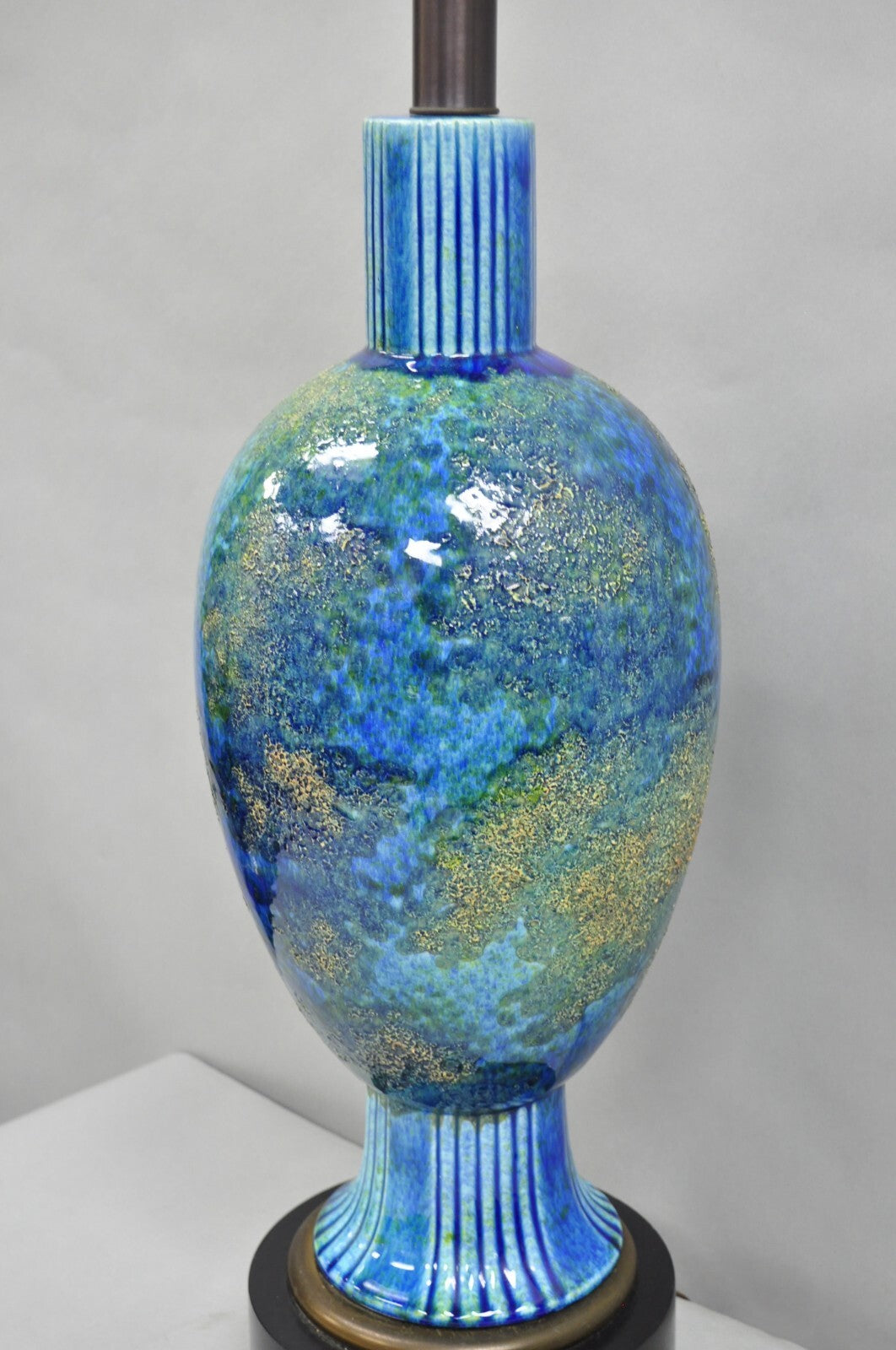 Vintage Mid Century Italian Modern Blue Glazed Ceramic Pottery Tall Table Lamp