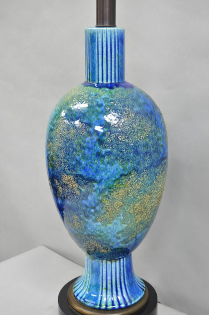 Vintage Mid Century Italian Modern Blue Glazed Ceramic Pottery Tall Table Lamp