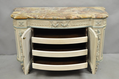 French Renaissance White Blue Painted Figural Carved Marble Top Buffet Commode