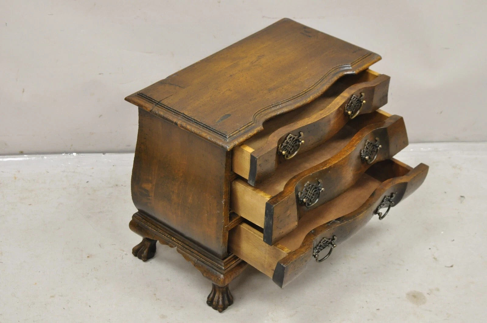 Vintage Small Salesman Sample Chippendale Georgian Style 3 Drawer Bombe Commode