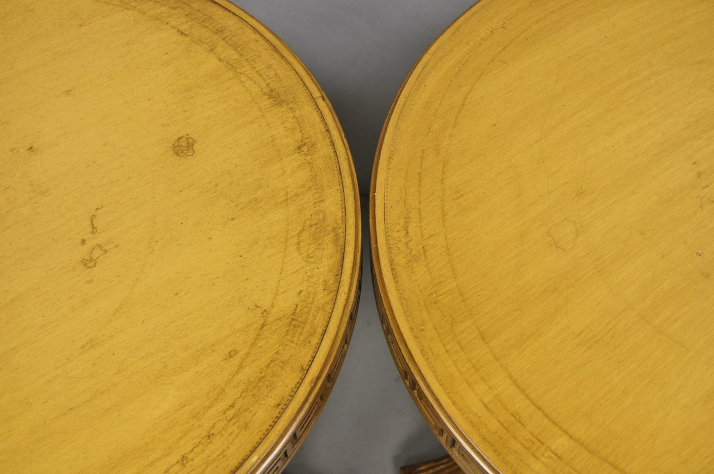 Vintage Italian Regency Round Leather Top Greek Key Carved Side Tables - a Pair