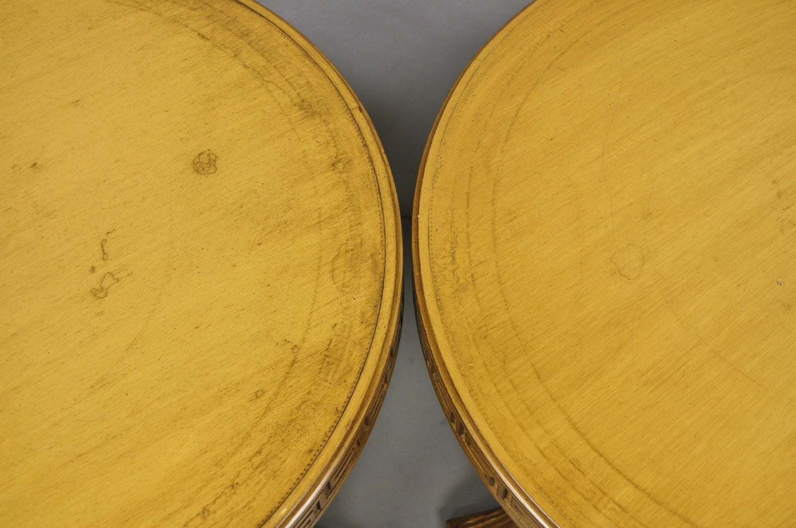 Vintage Italian Regency Round Leather Top Greek Key Carved Side Tables - a Pair