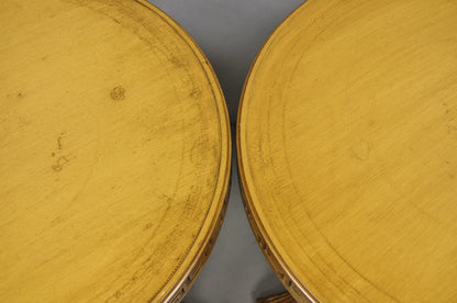 Vintage Italian Regency Round Leather Top Greek Key Carved Side Tables - a Pair