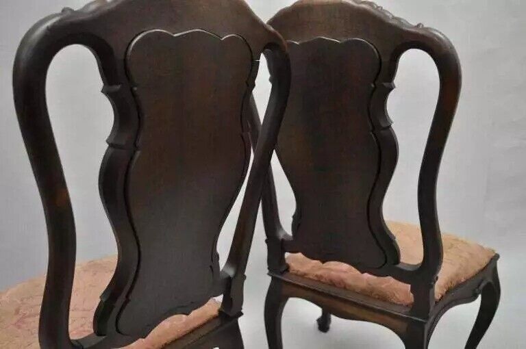 Antique Italian Baroque Style Carved Walnut Dining Side Chairs - Set of 6