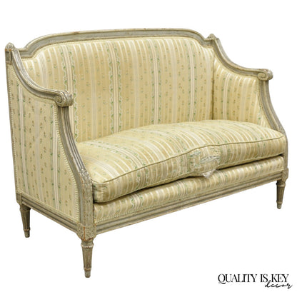 Antique French Louis XVI Style Cream Distress Painted Petite Canape Settee Sofa