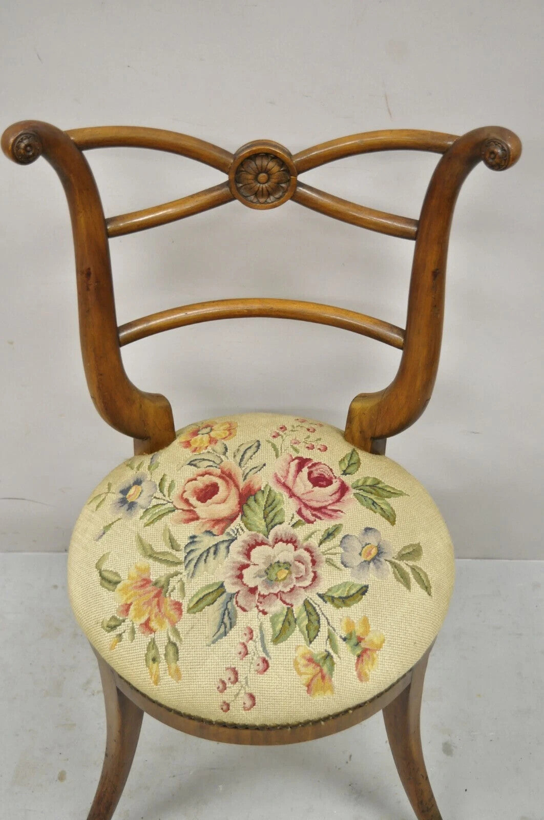 Vintage Italian Biedermeier Saber Leg Accent Side Chair with Needlepoint Seat