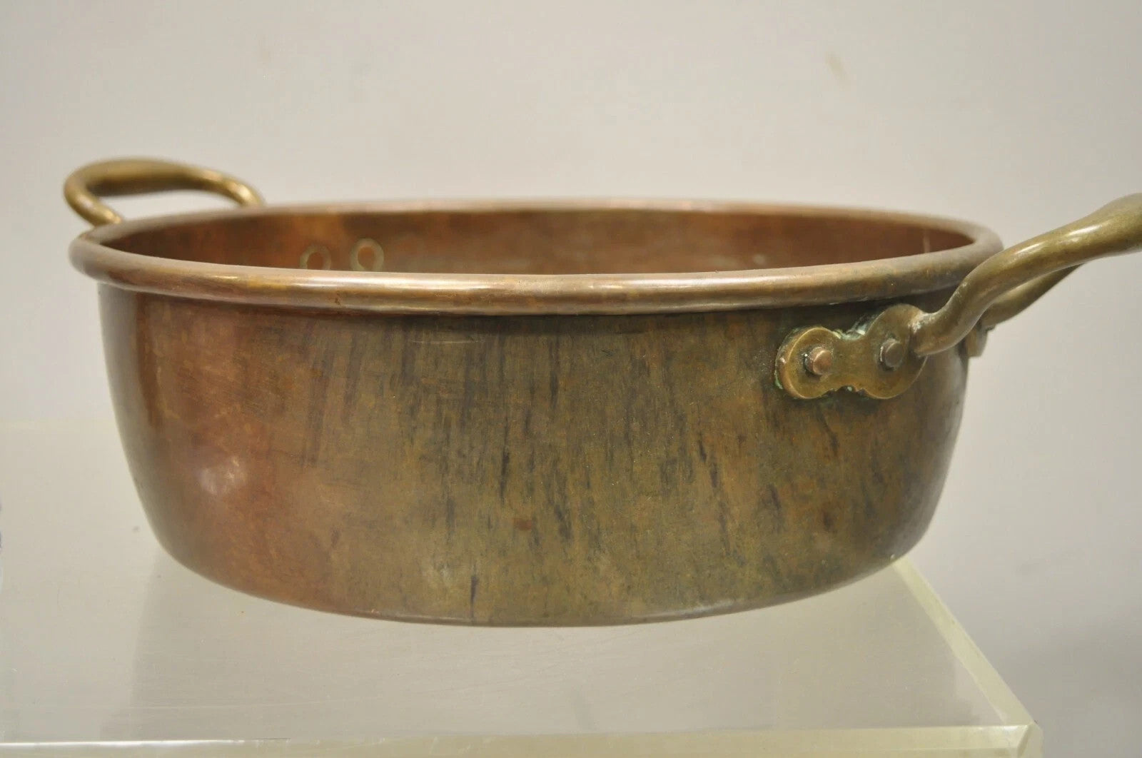 Antique French Country Hand Forged 12" Round Twin Handle Copper Cauldron Pot Pan