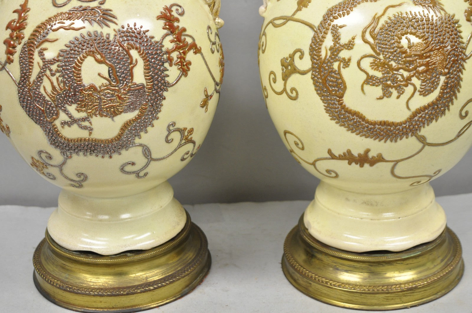 Antique Japanese Ceramic Beige Figural Dragon Vase Form Table Lamps - a Pair