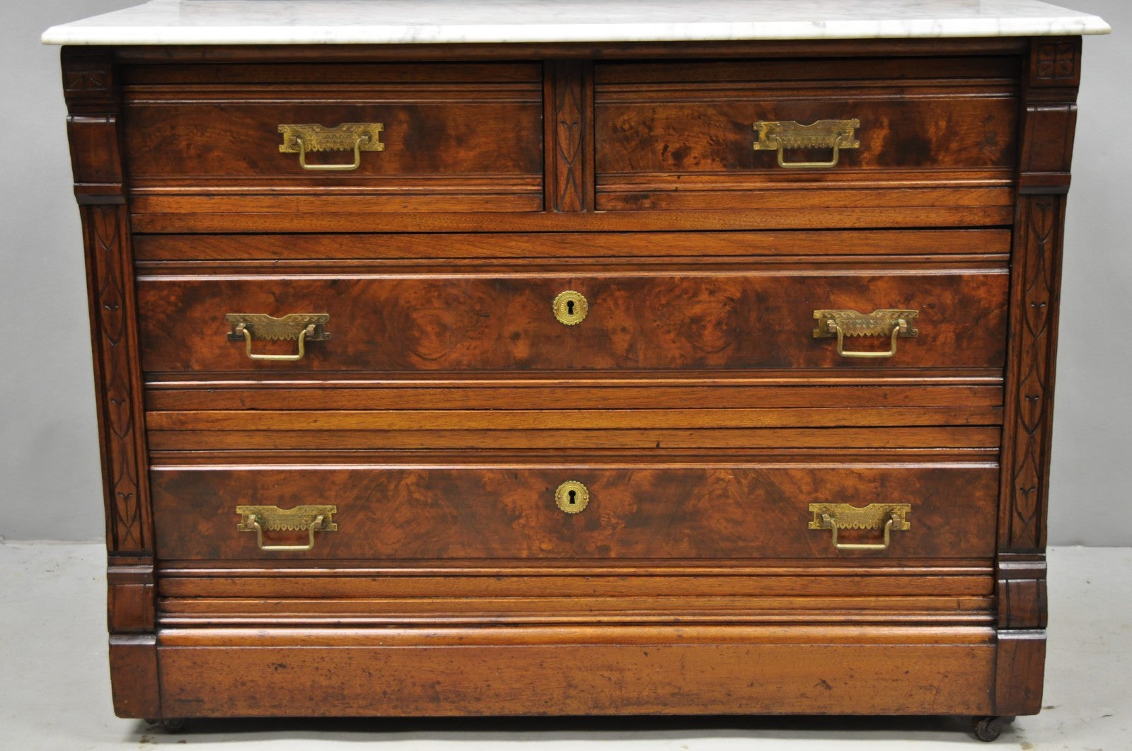 Antique Eastlake Victorian Carved Walnut Marble Top Washstand Dresser w/ Mirror