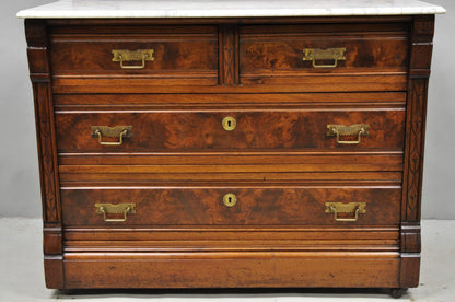 Antique Eastlake Victorian Carved Walnut Marble Top Washstand Dresser w/ Mirror
