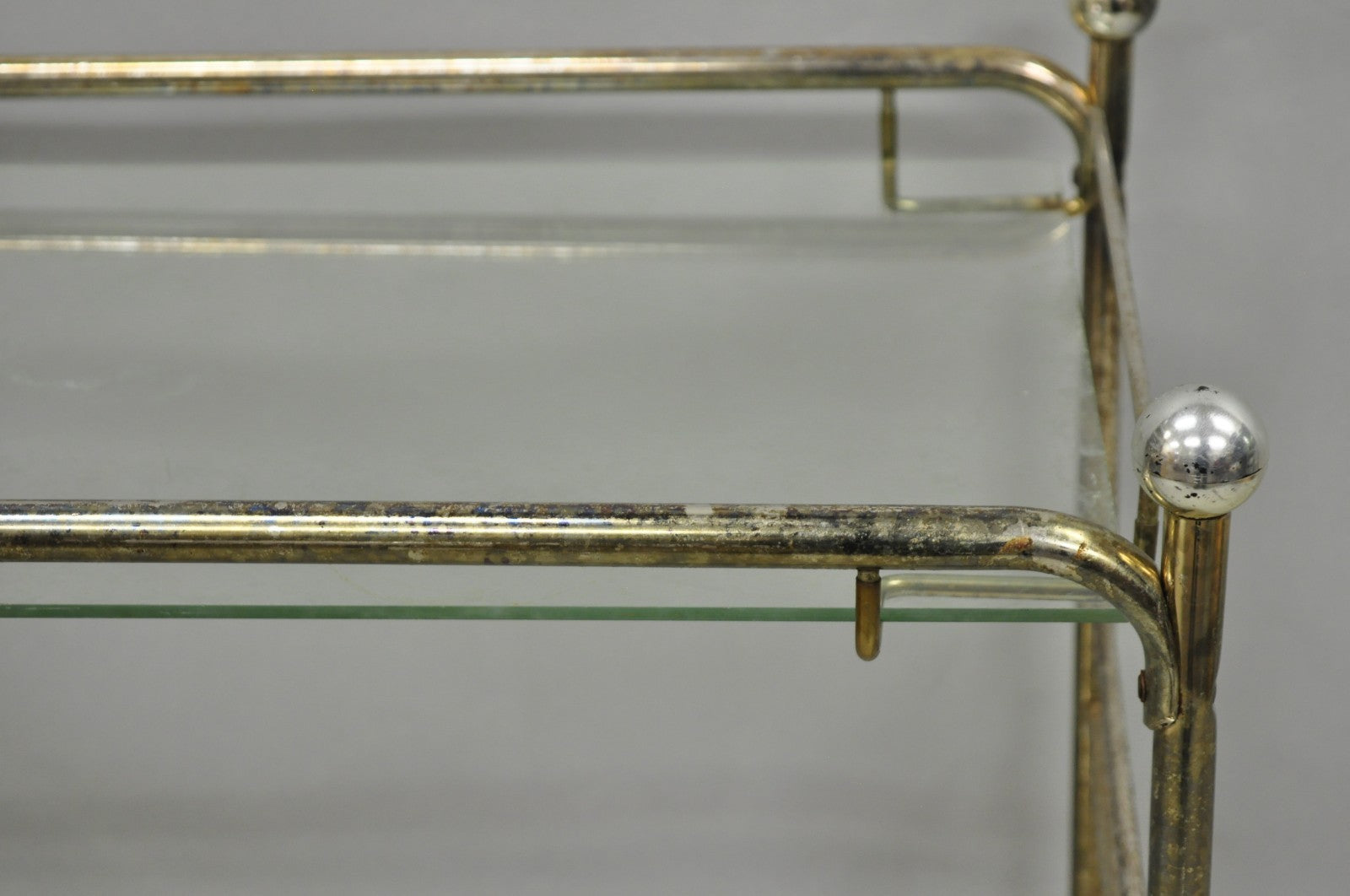 Vintage Mid Century Modern Metal 2 Tier Glass Shelf Rolling Liquor Bar Cart