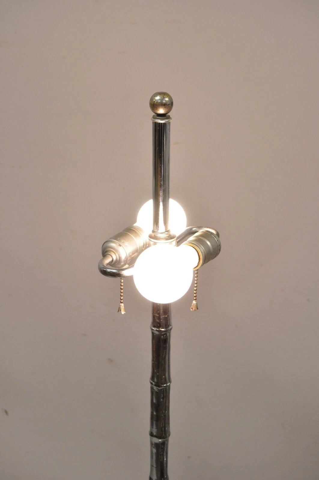 Vintage Hollywood Regency Faux Bois Bamboo Chrome Lotus Base Pole Floor Lamp