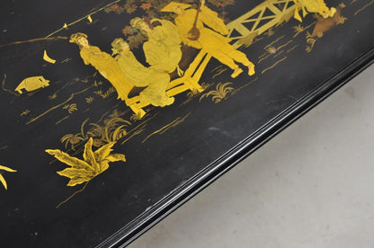 Vintage Chinoiserie Oriental Black Lacquer Gold Gilt Trestle Bench Coffee Table