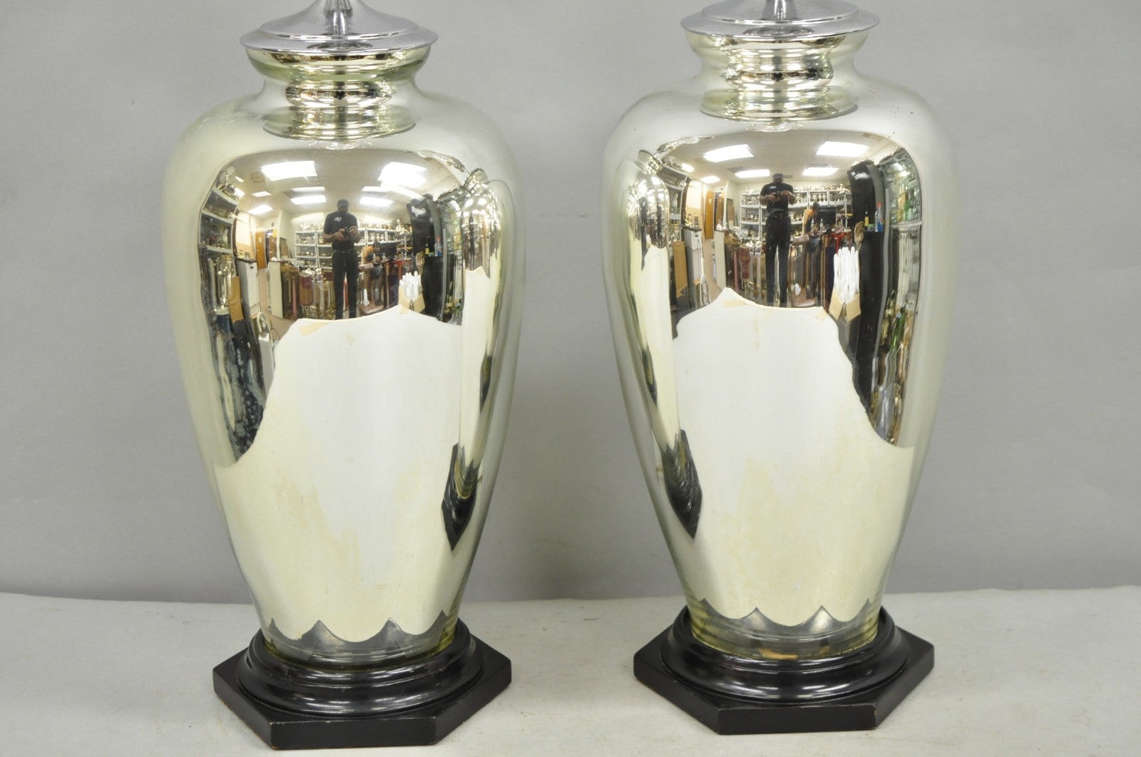 Vintage Mid Century Modern Silver Mercury Glass Jardiniere Vase Table Lamps Pair