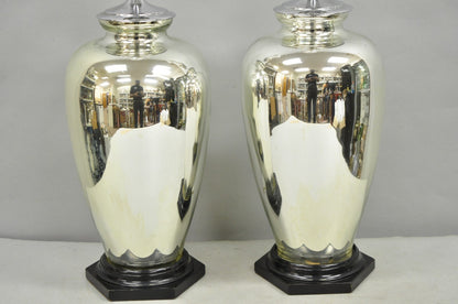 Vintage Mid Century Modern Silver Mercury Glass Jardiniere Vase Table Lamps Pair