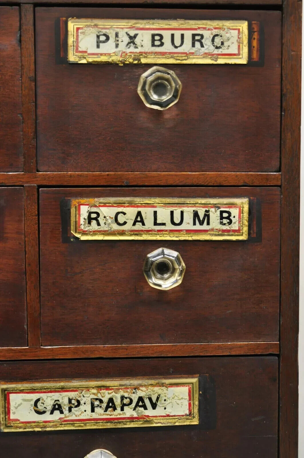 19th C. Victorian Mahogany Apothecary Medicine Cabinet w/ 10 Drawers Glass Pulls