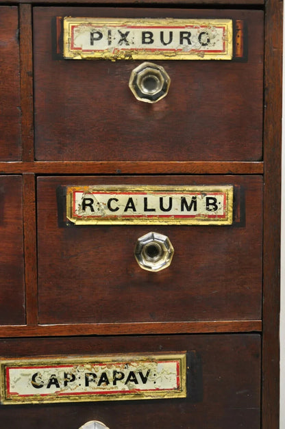 19th C. Victorian Mahogany Apothecary Medicine Cabinet w/ 10 Drawers Glass Pulls