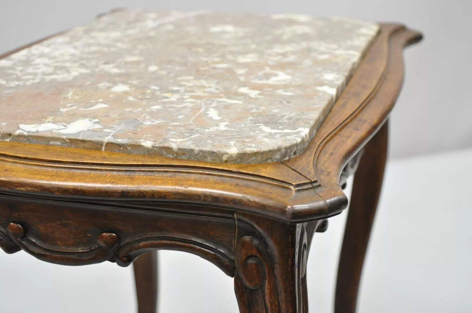 Vintage French Louis XV Style Walnut Marble Top Small Side Coffee Table