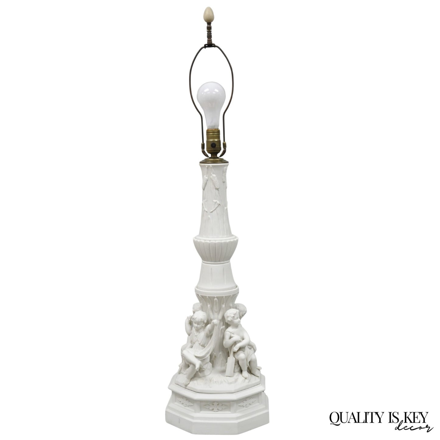 Vintage French Bisque White Porcelain Maritime Figural Cherubs Table Lamp