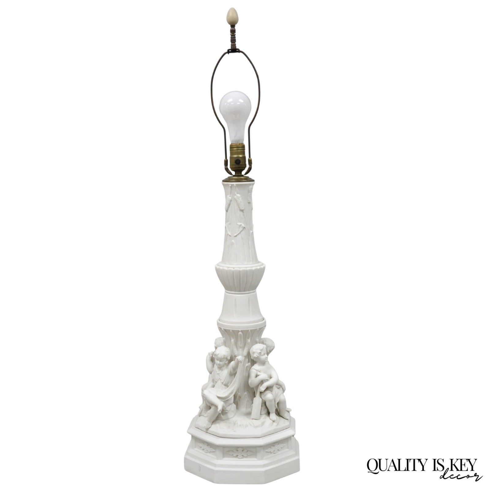 Vintage French Bisque White Porcelain Maritime Figural Cherubs Table Lamp