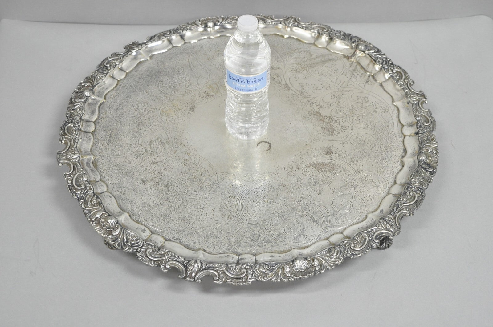 Antique English Victorian 22" Round Silver Plated Serving Platter Salver Tray