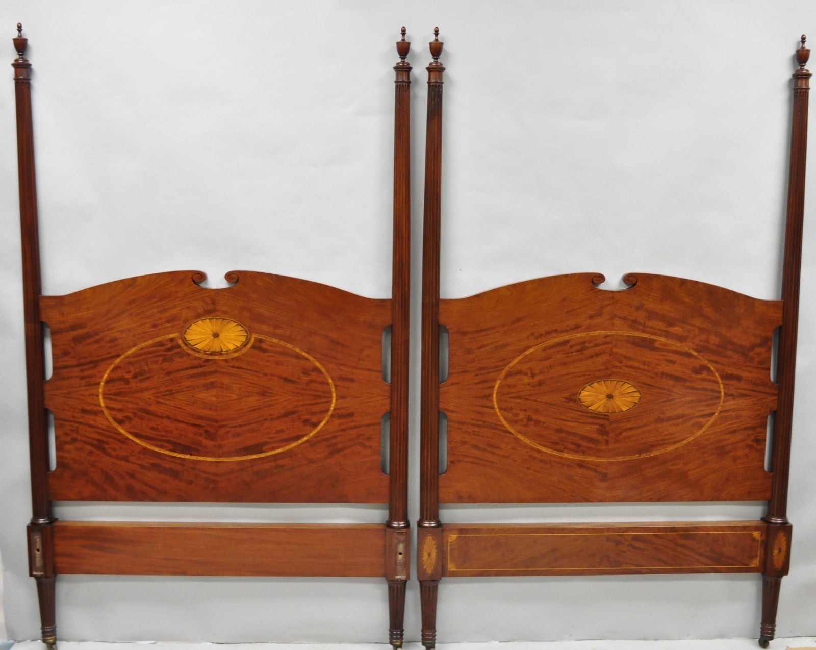 Antique Sheraton Federal Pinwheel Inlay Mahogany 4 Poster Twin Bed Frame - Pair