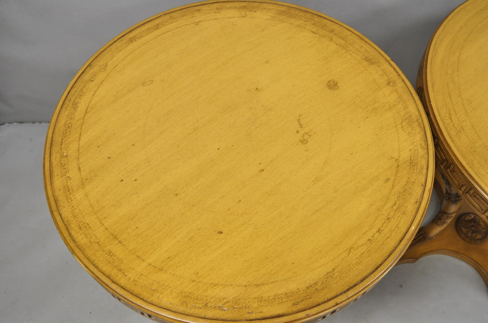 Vintage Italian Regency Round Leather Top Greek Key Carved Side Tables - a Pair