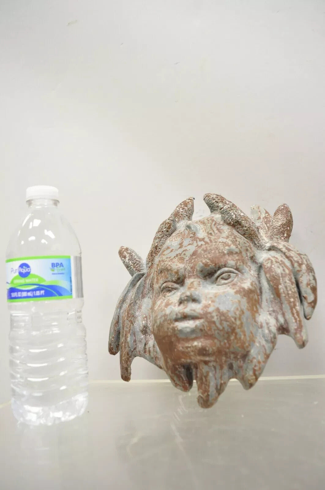 Antique French Neoclassical Small Lead Cherub Head Wall Fountain Garden Art