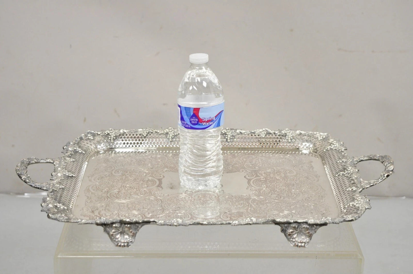 Antique Victorian Silver Plated Grapevine Repousse Platter Bar Tray w/ Monogram