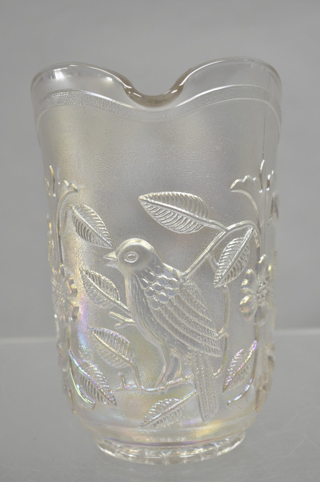 Vintage Imperial Carnival Glass Iridescent Frosty White Robins & Flowers Pitcher