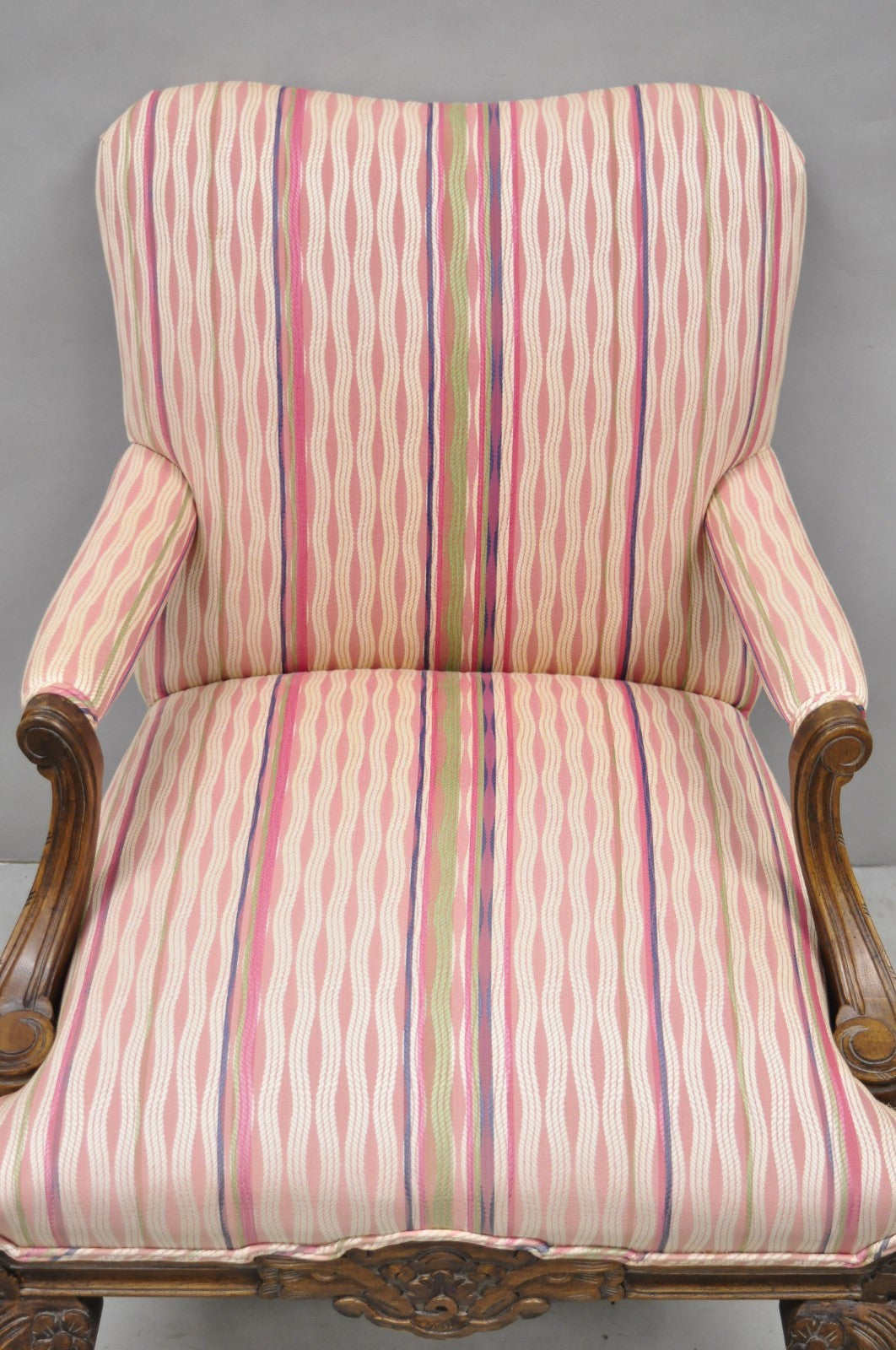 Vintage Georgian Style Carved Walnut Paw Foot Pink Upholstered Club Lounge Chair