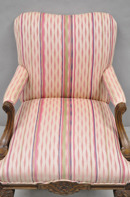 Vintage Georgian Style Carved Walnut Paw Foot Pink Upholstered Club Lounge Chair
