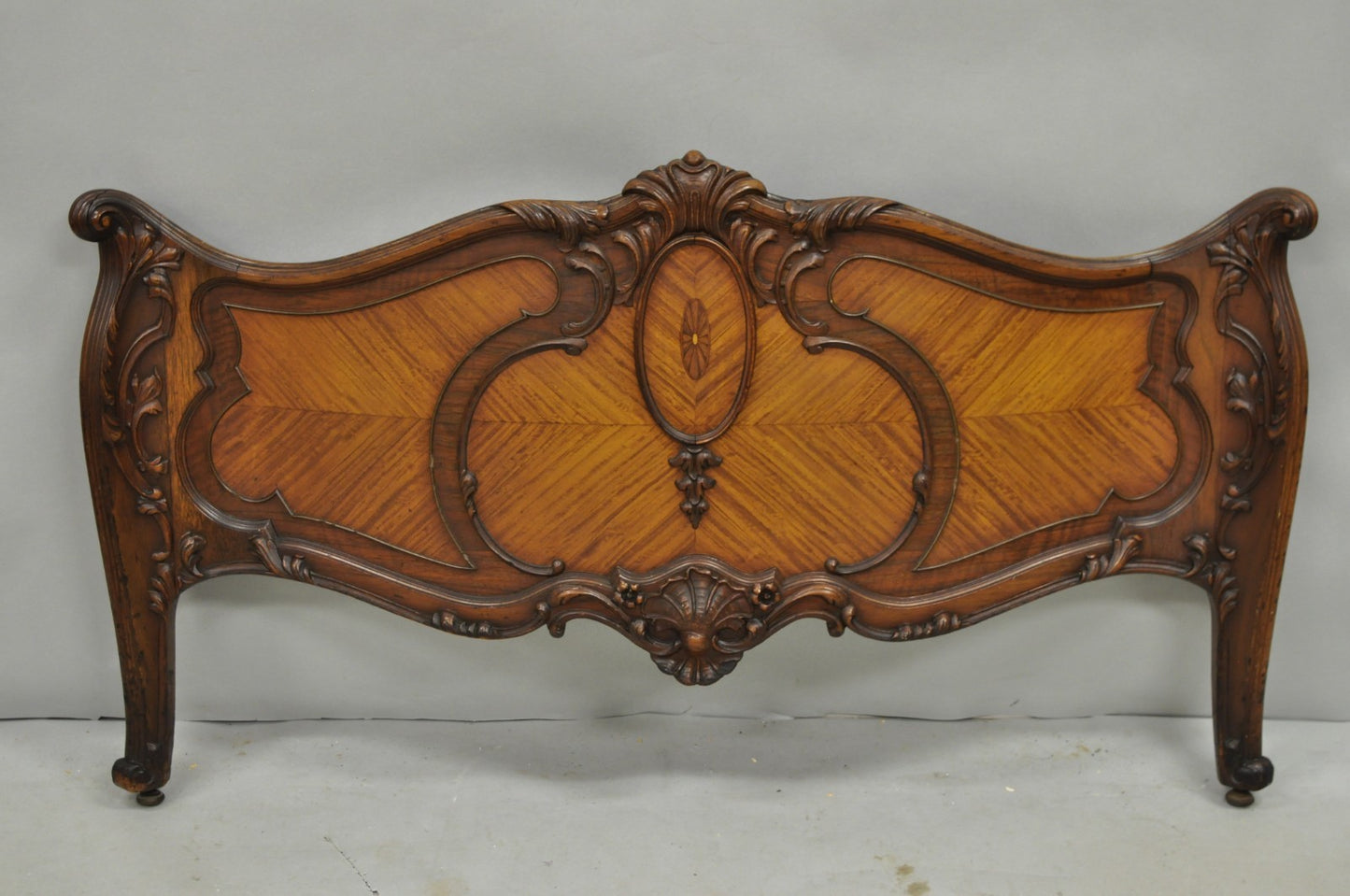 Antique French Louis XV Style Walnut Satinwood Inlay Twin Bed Frames - a Pair