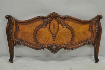 Antique French Louis XV Style Walnut Satinwood Inlay Twin Bed Frames - a Pair
