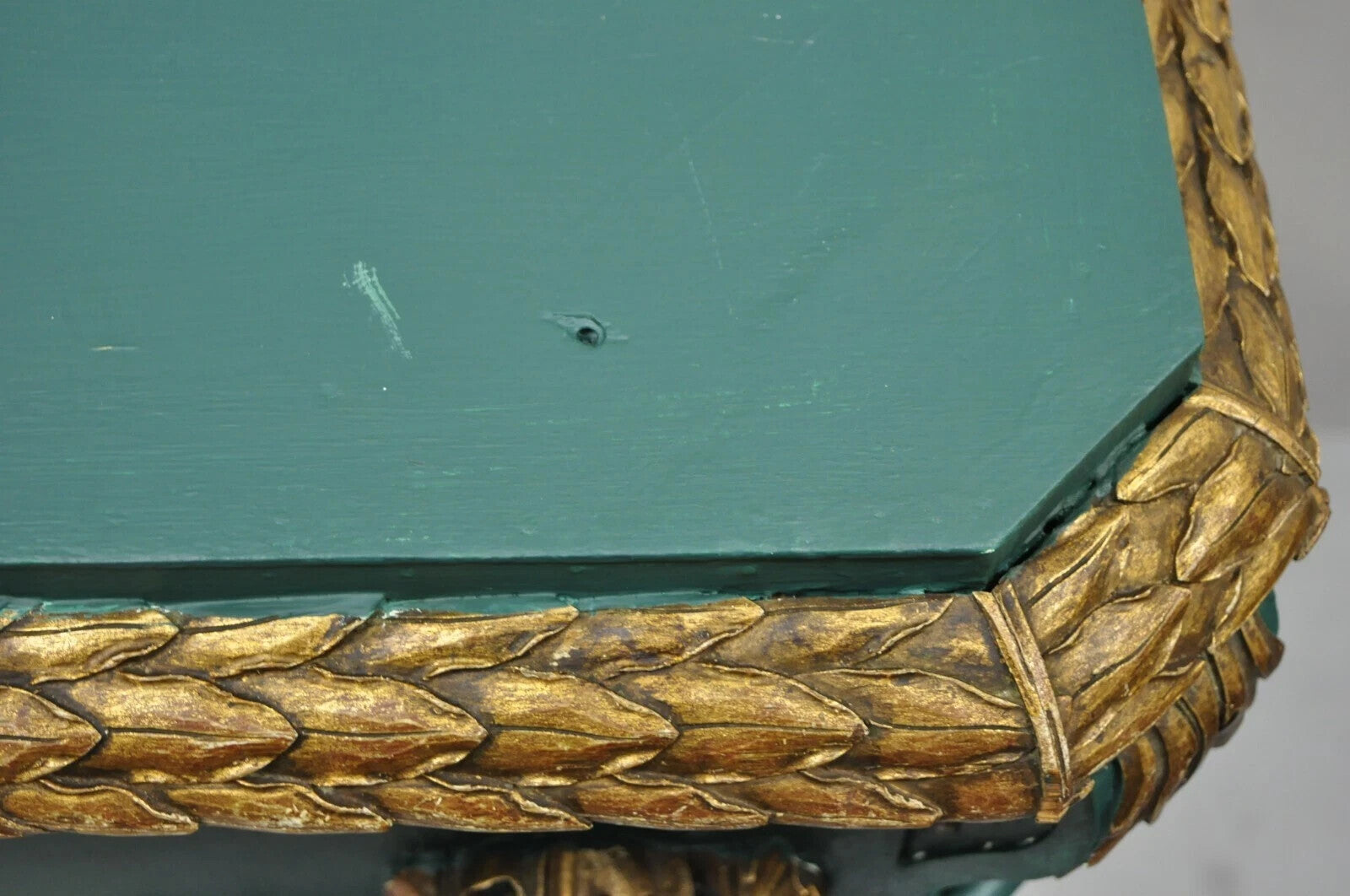 Vintage French Louis XVI Style Green Gold Carved Wood 39" Column Pedestal Stand
