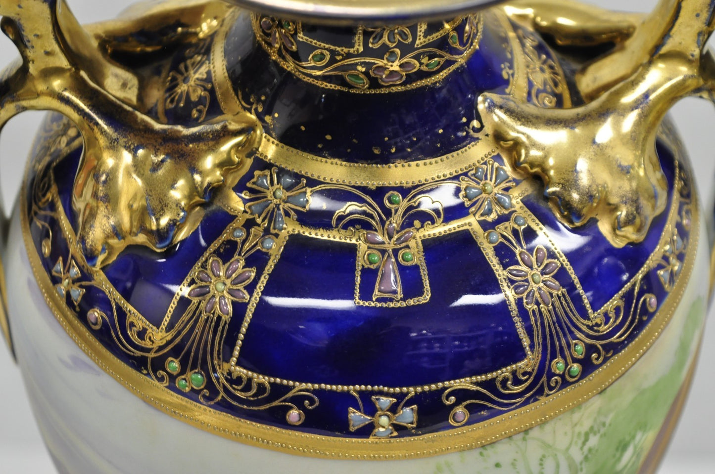 Antique Nippon Hand Painted Cobalt Blue Porcelain Twin Handle Bolted Urn Vase