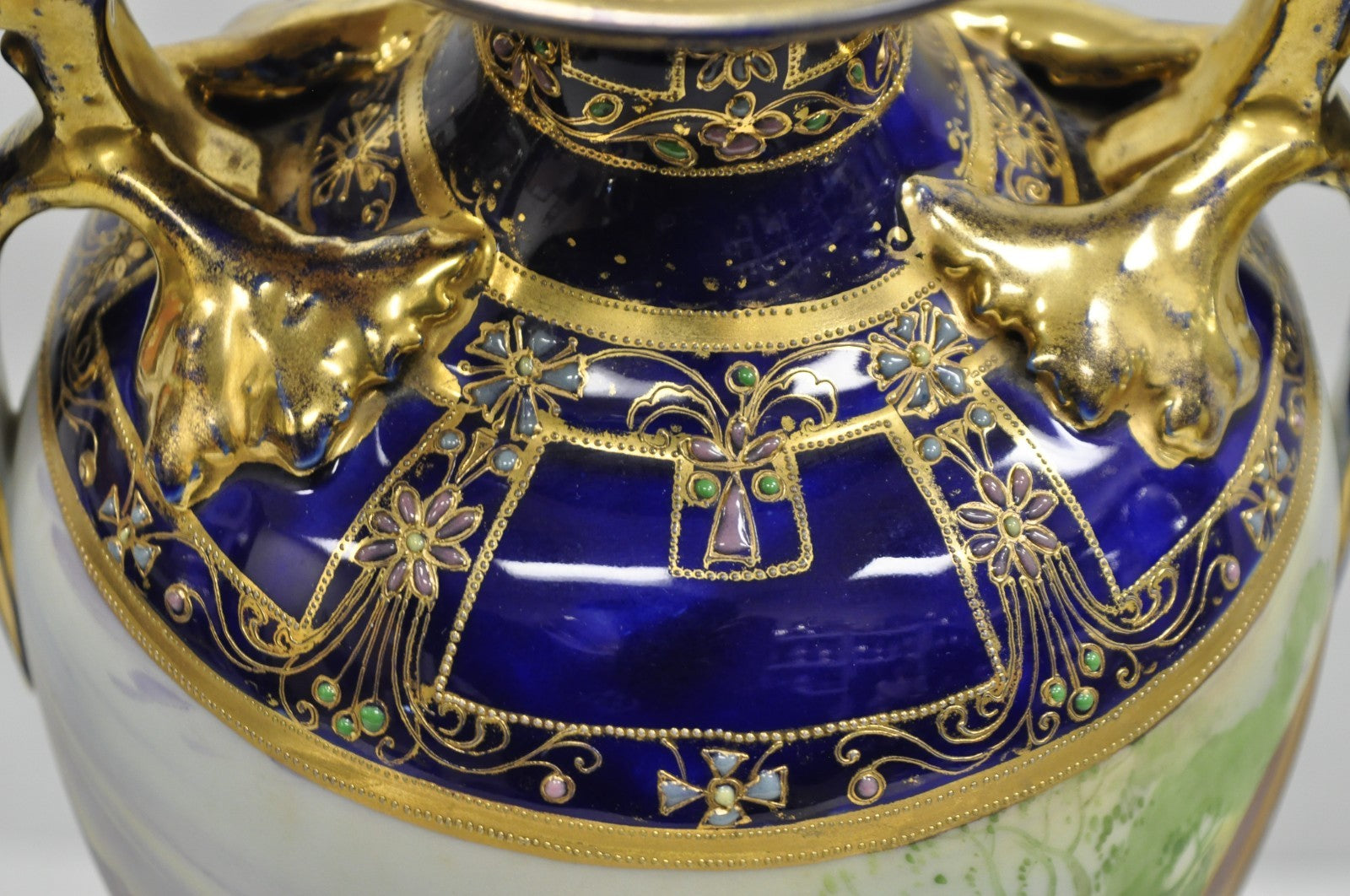 Antique Nippon Hand Painted Cobalt Blue Porcelain Twin Handle Bolted Urn Vase