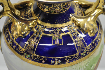 Antique Nippon Hand Painted Cobalt Blue Porcelain Twin Handle Bolted Urn Vase