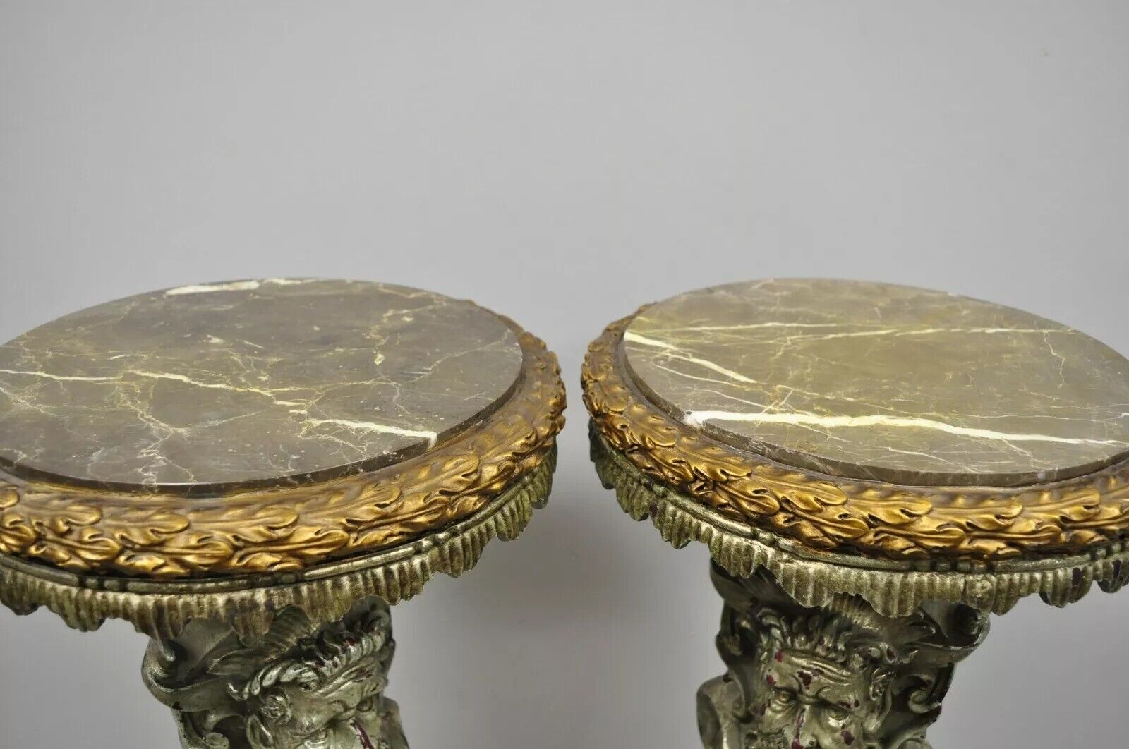 Italian Baroque Style Marble Top Figural Bearded Man Pedestal Stands - a Pair