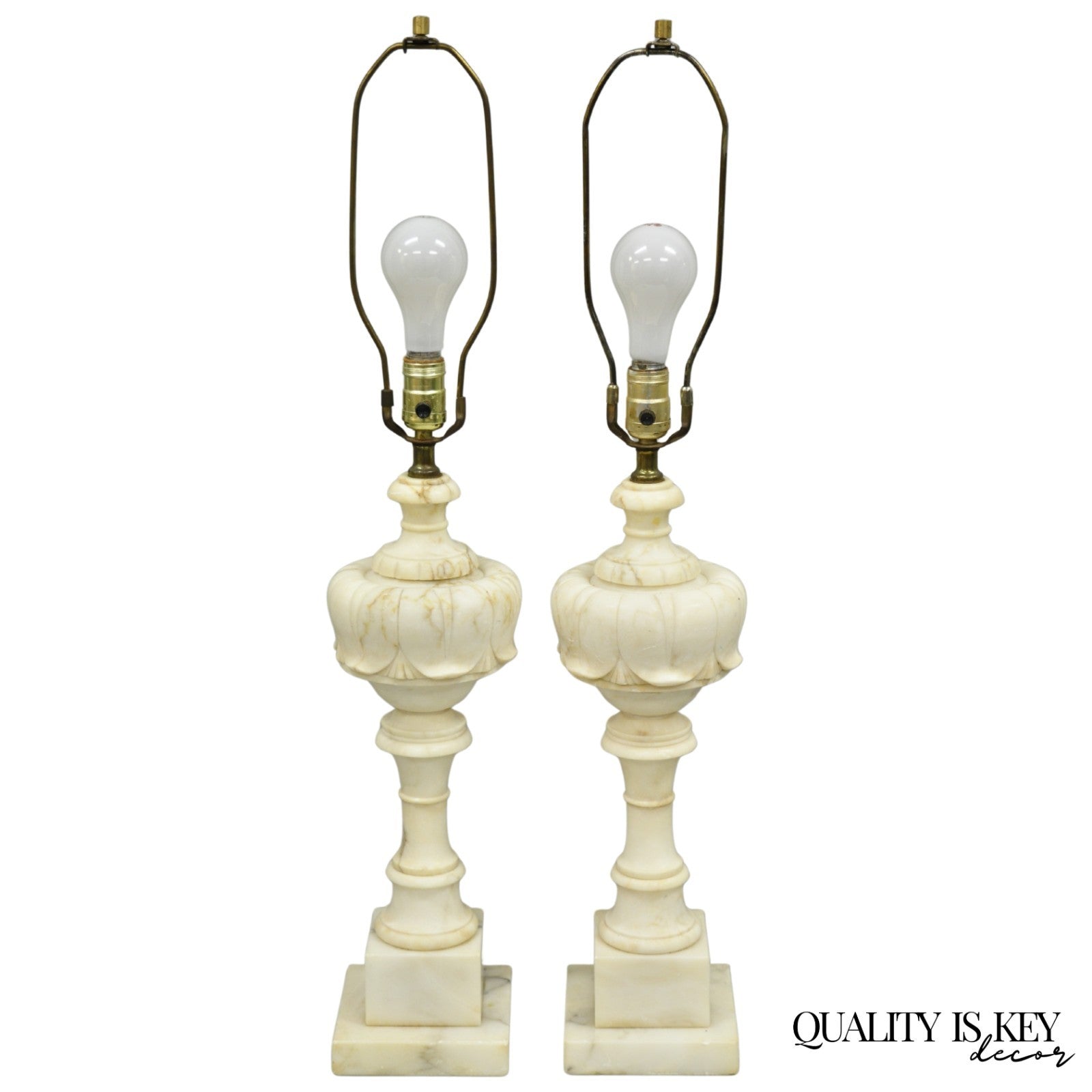 Antique French Empire Carved Italian White Marble Victorian Table Lamps - a Pair