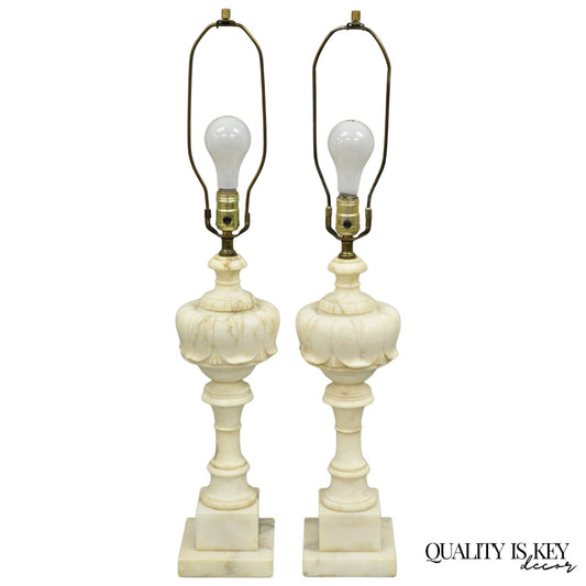 Antique French Empire Carved Italian White Marble Victorian Table Lamps - a Pair