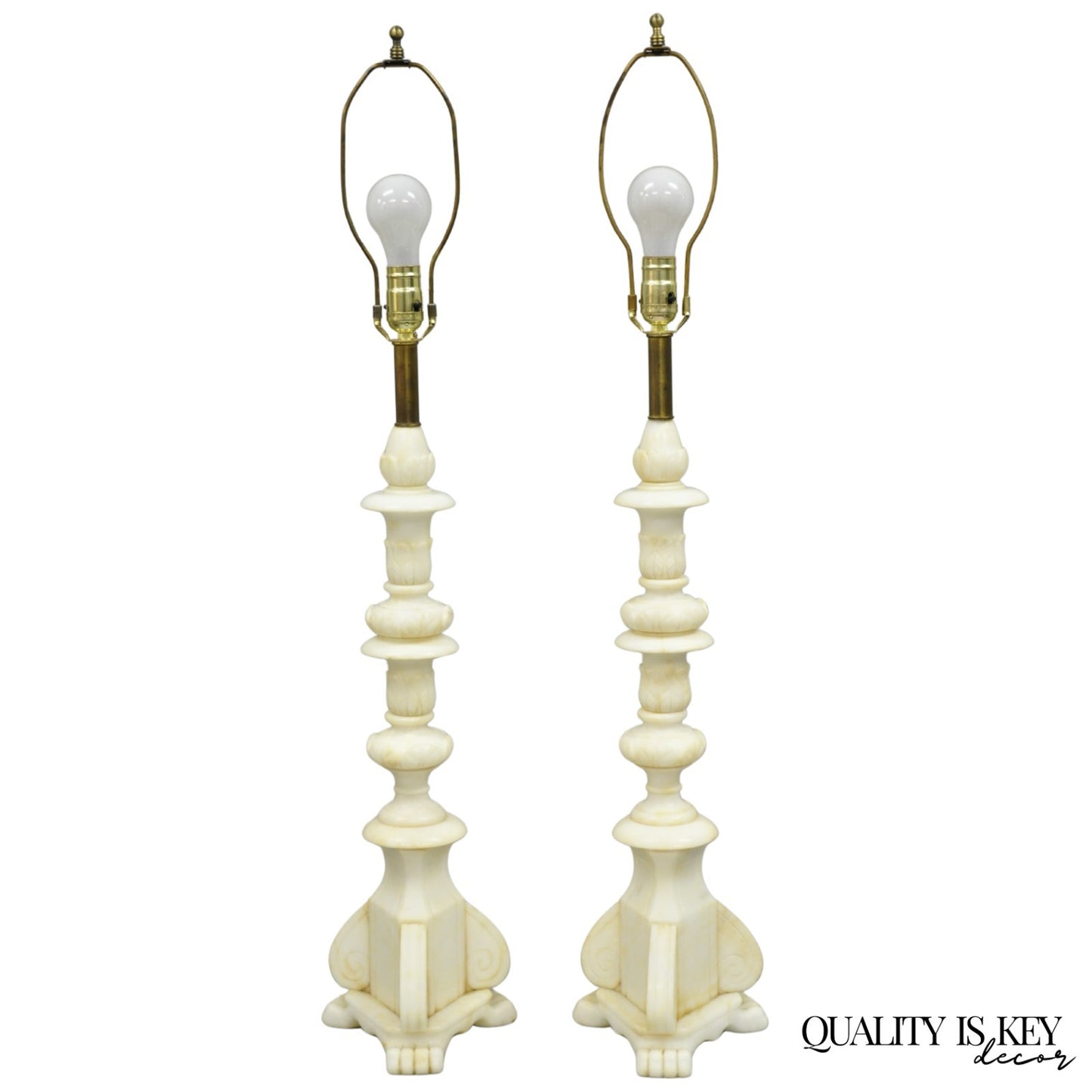Antique Italian Neoclassical Carved Alabaster Marble Column Table Lamps - a Pair