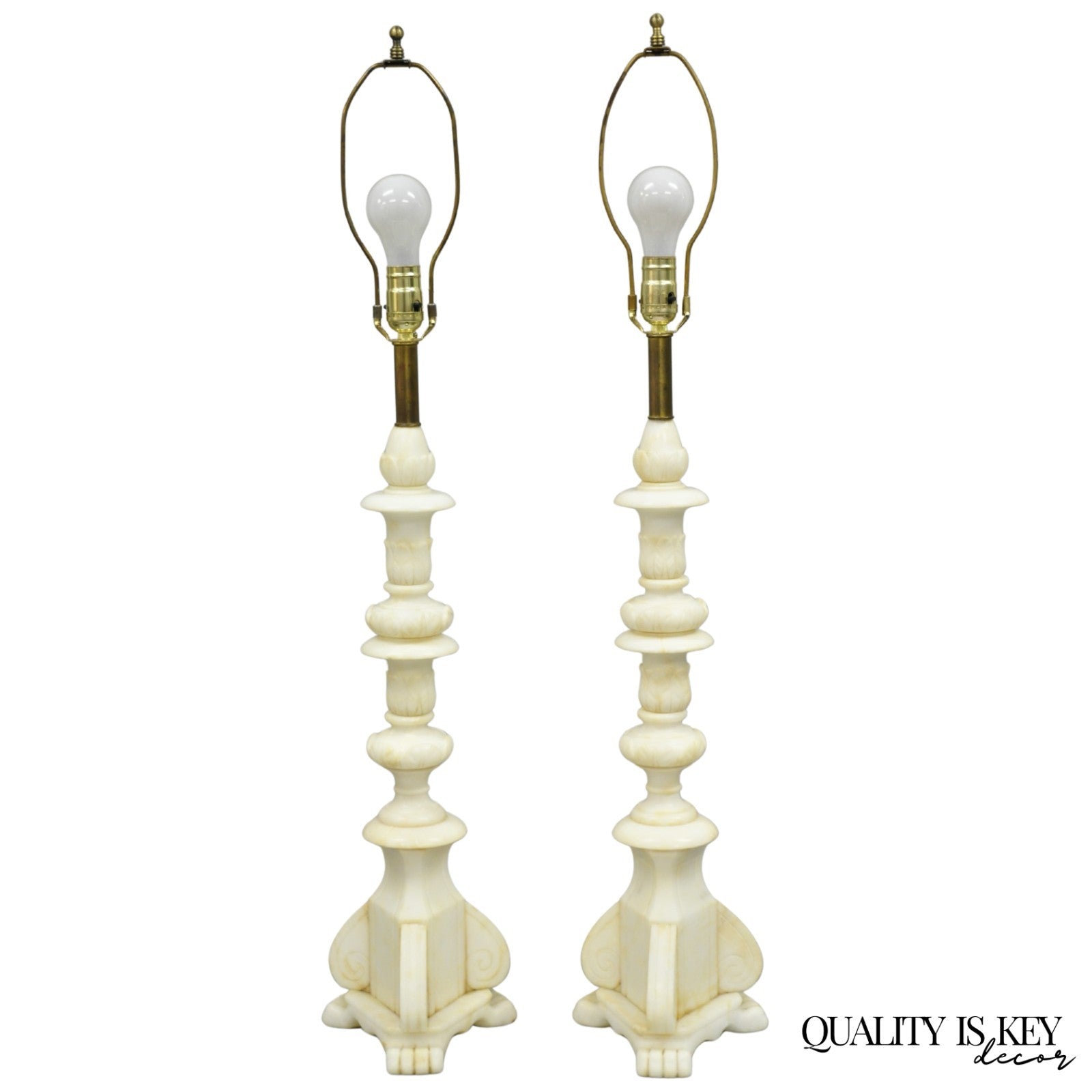 Antique Italian Neoclassical Carved Alabaster Marble Column Table Lamps - a Pair