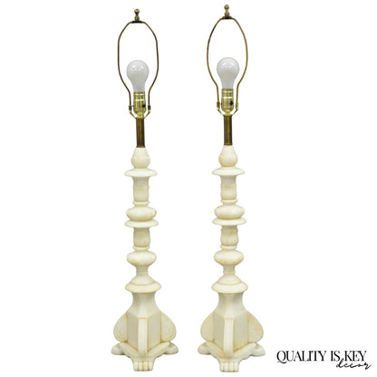 Antique Italian Neoclassical Carved Alabaster Marble Column Table Lamps - a Pair