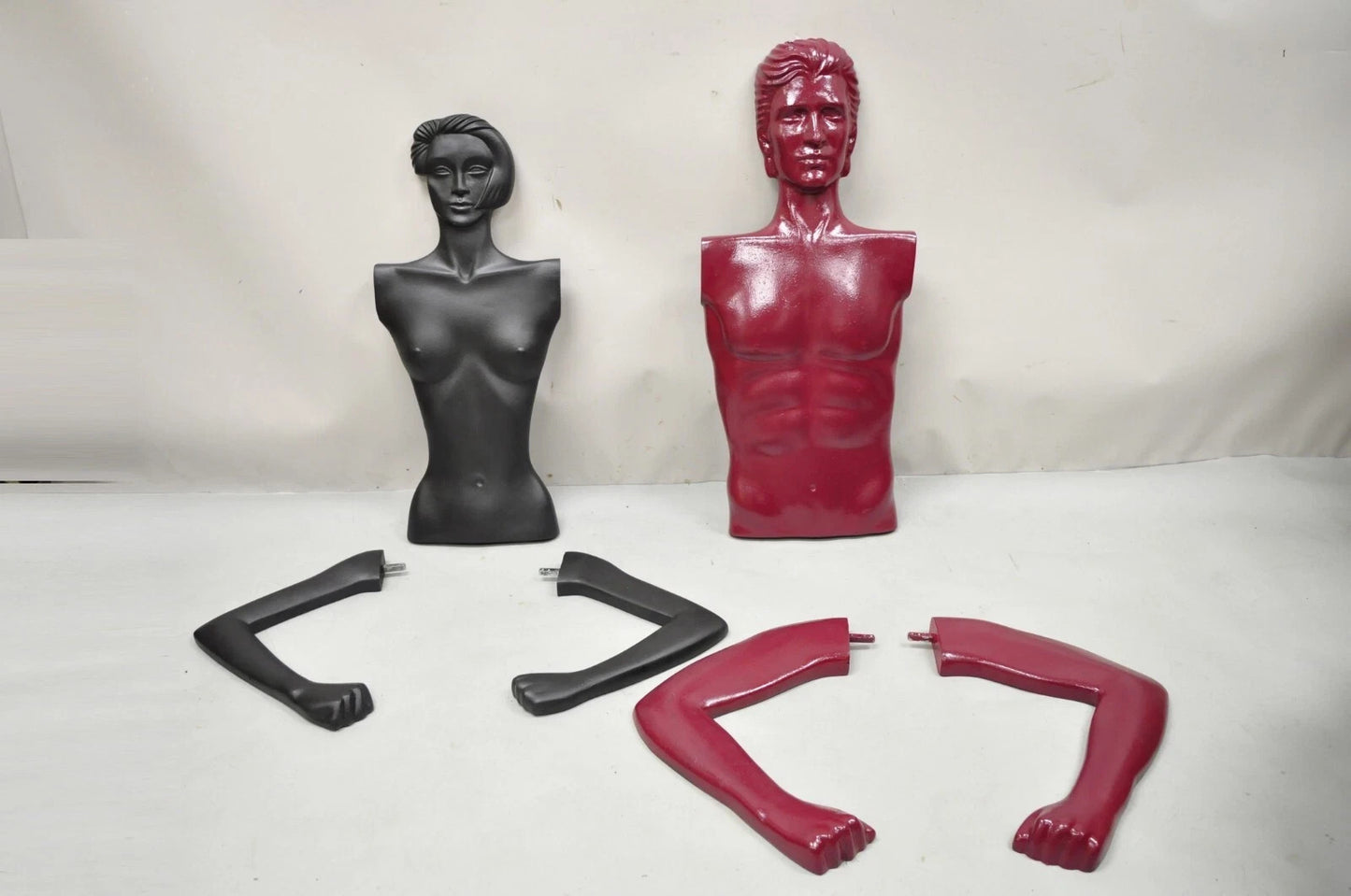 Vintage Art Deco Style Male & Female Couple Red & Black Torso Art Mannequins