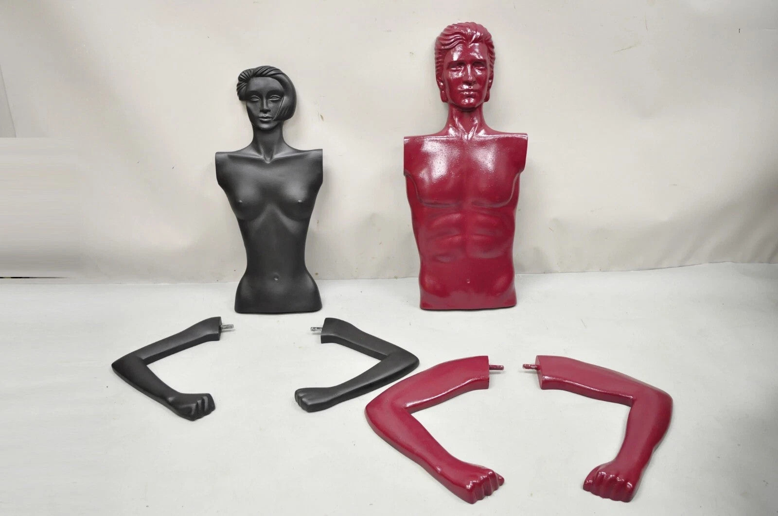 Vintage Art Deco Style Male & Female Couple Red & Black Torso Art Mannequins