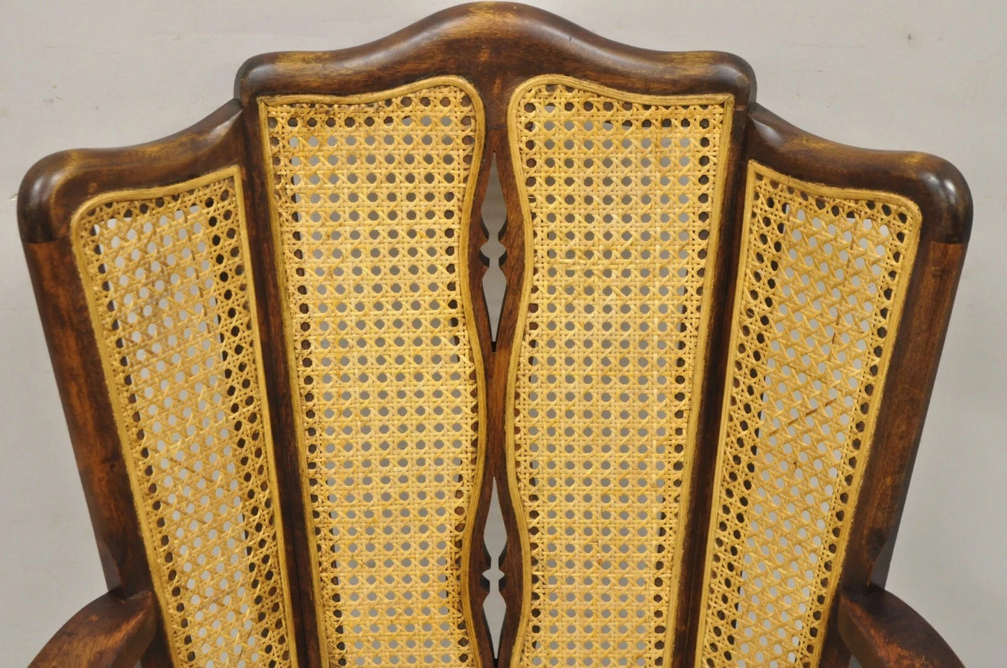 Antique Victorian Walnut and Cane Carved Lounge Arm Chair w/ Queen Anne Legs