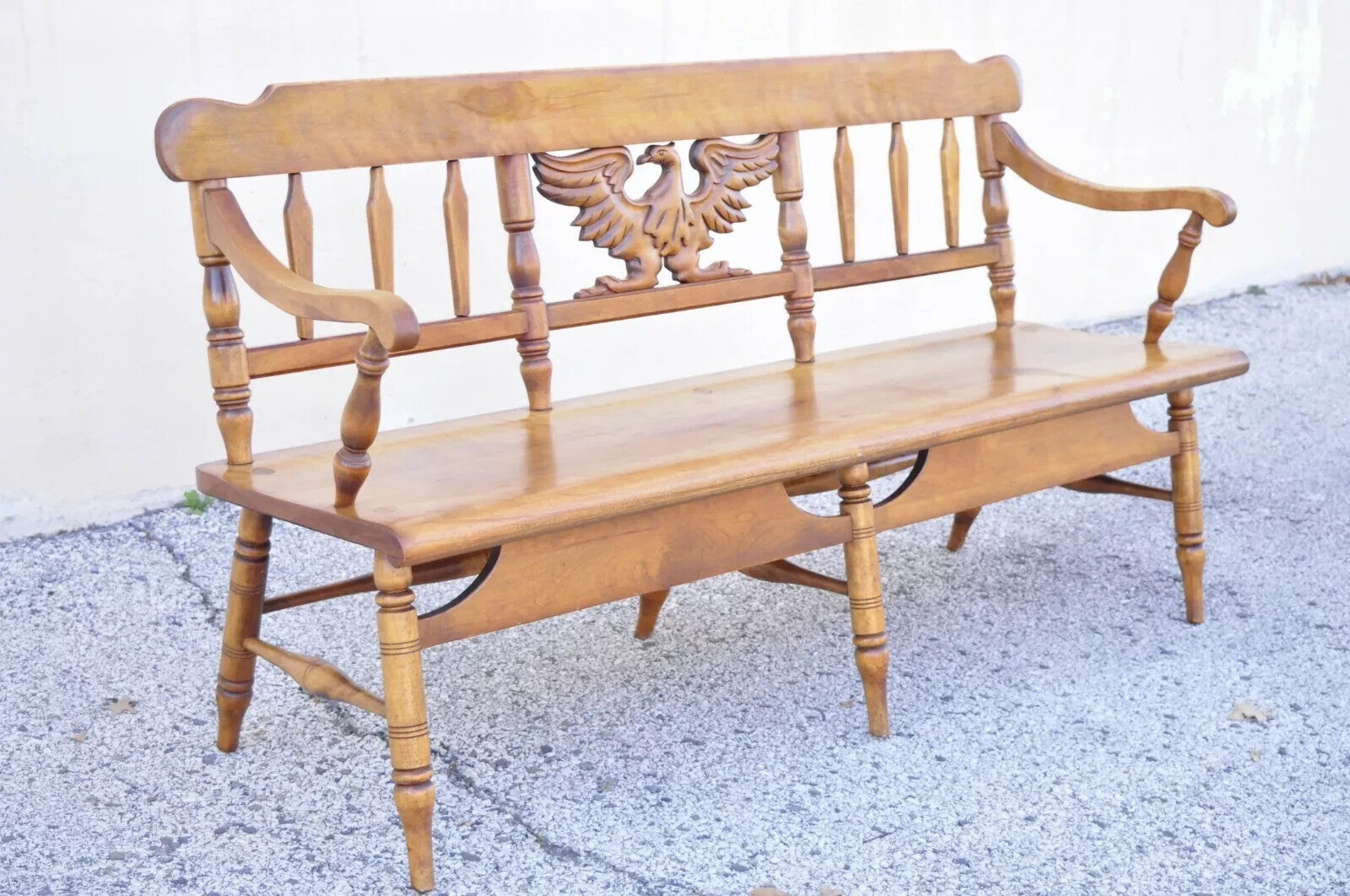Vintage Cushman Maple Wood Carved Eagle Back Colonial Settee Deacons Bench