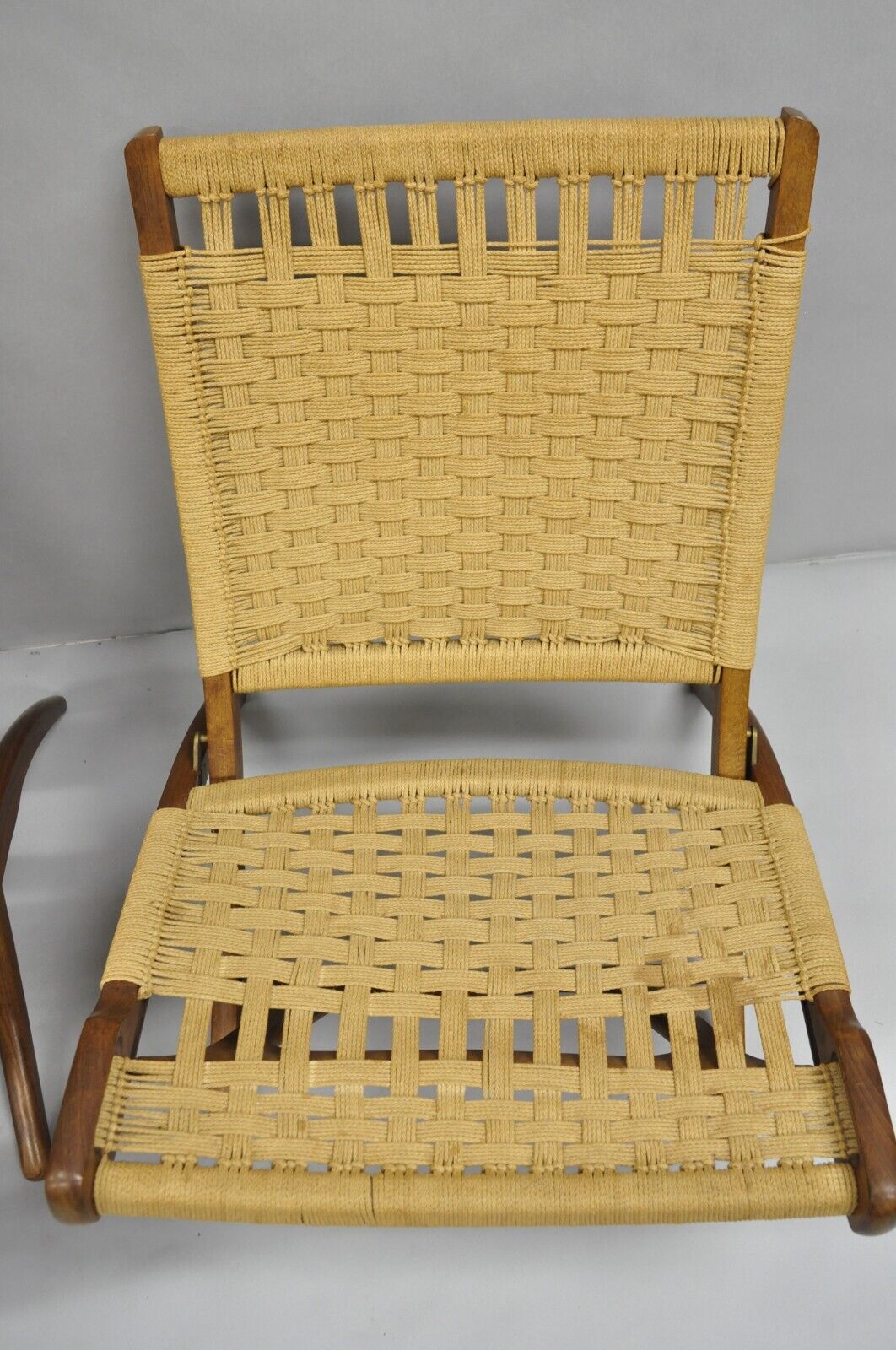 Vintage Mid Century Modern Woven Rope Wooden Folding Lounge Chair - a Pair